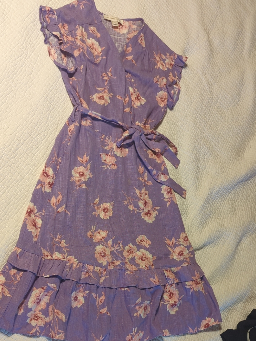 Lilac Floral Faux Wrap Dress with Ruffle Hem